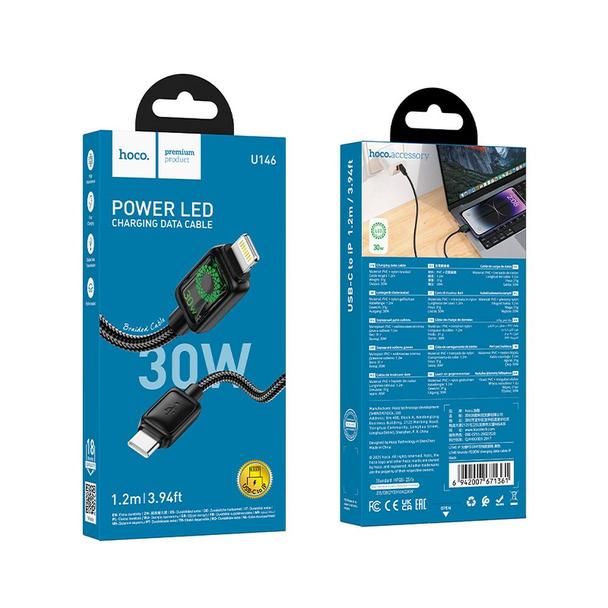 Kabel USB C do Lightning Hoco PD 30W 1,2 m z LCD U146 czarny