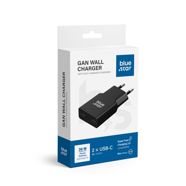 Ładowarka sieciowa do telefonu Blue Star Slim GaN 2 x USB C QC4.0 PD 3A 30W TFK-SC-30WCC czarna