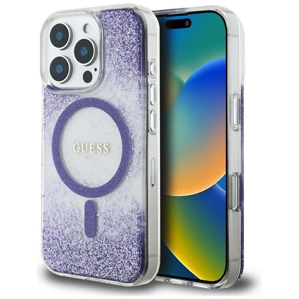 GUESS futerał do IPHONE 16 Pro kompatybilny z MagSafe GUHMP16LRGRGEU (Resin Bottom Glitter) fioletowy