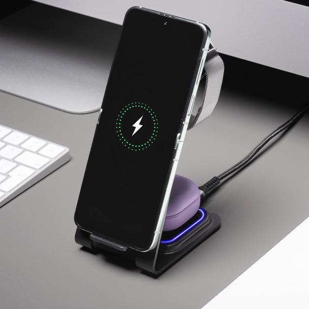 Ładowarka indukcyjna Forcell F-Energy 3w1 Simply Charge aluminiowa kompatybilna z Apple Watch i Samsung Watch szara