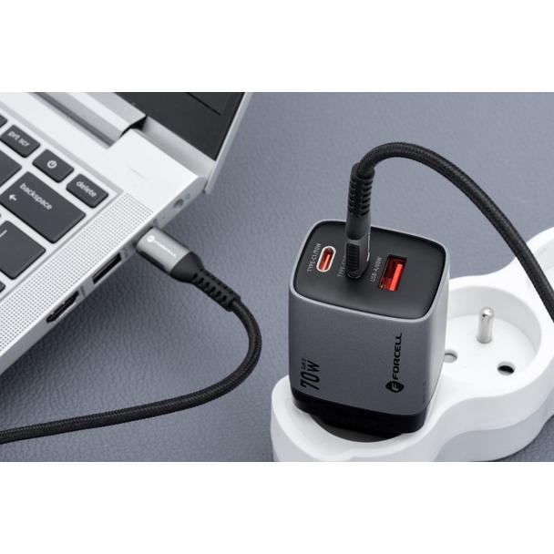 Ładowarka sieciowa do telefonu Forcell F-Energy GaN III 2 x USB C + USB A QC4.0 3,45A PD 70W SAM SFC2.0 z wyświetlaczem LCD VT-37 szara
