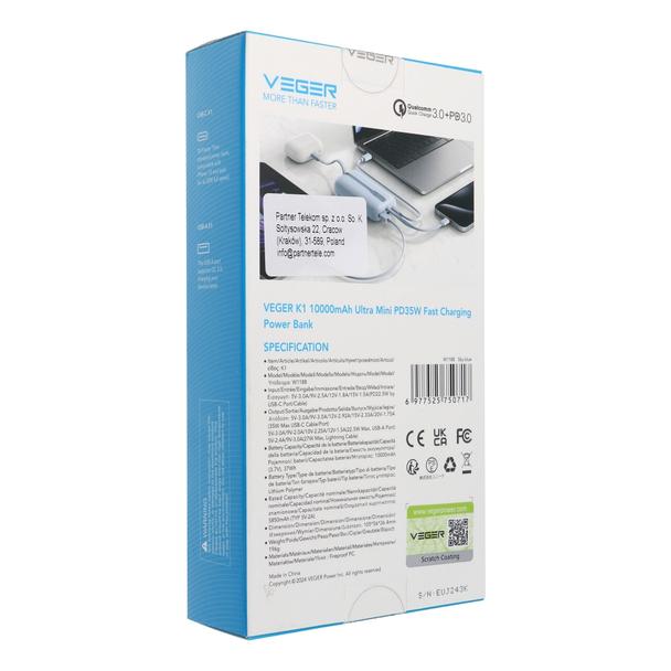 Powerbank Veger K1 (W1188) PD QC3.0 35W 10000 mAh z wbudowanymi kablami USB C / Lightning niebieski