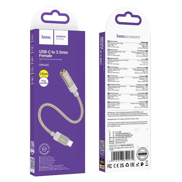 Adapter AUX USB C (męski) do Jack 3,5 mm (żeński) Hoco UPA32C złoty