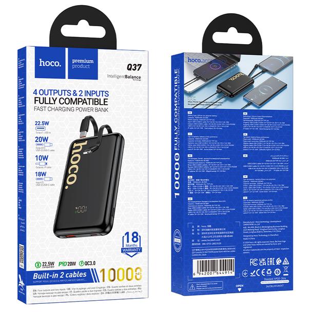 Powerbank Hoco 10000 mAh QC PD 22,5W z wbudowanymi kablami USB C + Lightning Q37 czarny