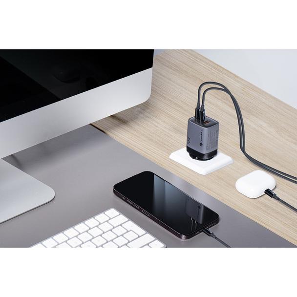Ładowarka sieciowa do telefonu Forcell F-Energy GaN III 2 x USB C + USB A QC4.0 3,45A PD 70W SAM SFC2.0 z wyświetlaczem LCD VT-37 szara