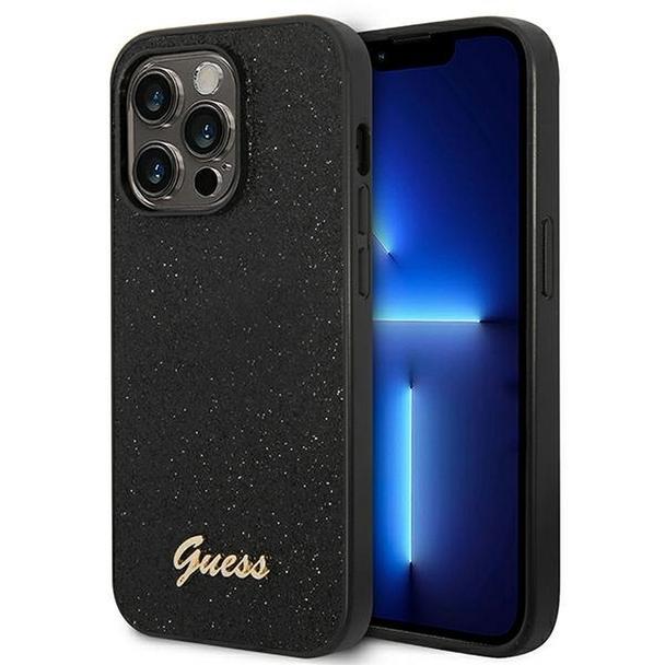 GUESS futerał do IPHONE 14 Pro GUHCP14LHGGSHK (Glitter Flakes Script Metal Logo) czarny