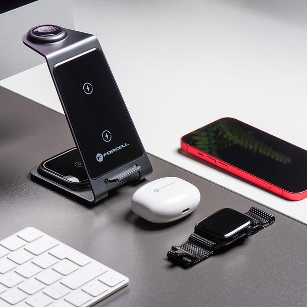 Ładowarka indukcyjna Forcell F-Energy 3w1 Simply Charge aluminiowa kompatybilna z Apple Watch i Samsung Watch szara