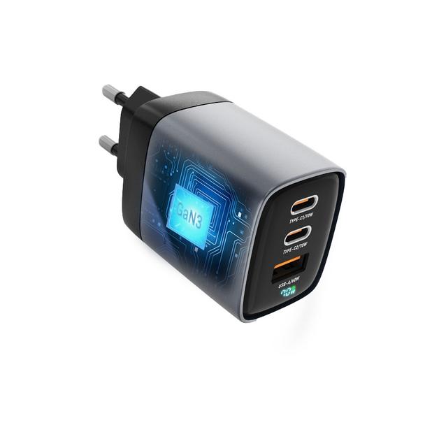 Ładowarka sieciowa do telefonu Forcell F-Energy GaN III 2 x USB C + USB A QC4.0 3,45A PD 70W SAM SFC2.0 z wyświetlaczem LCD VT-37 szara