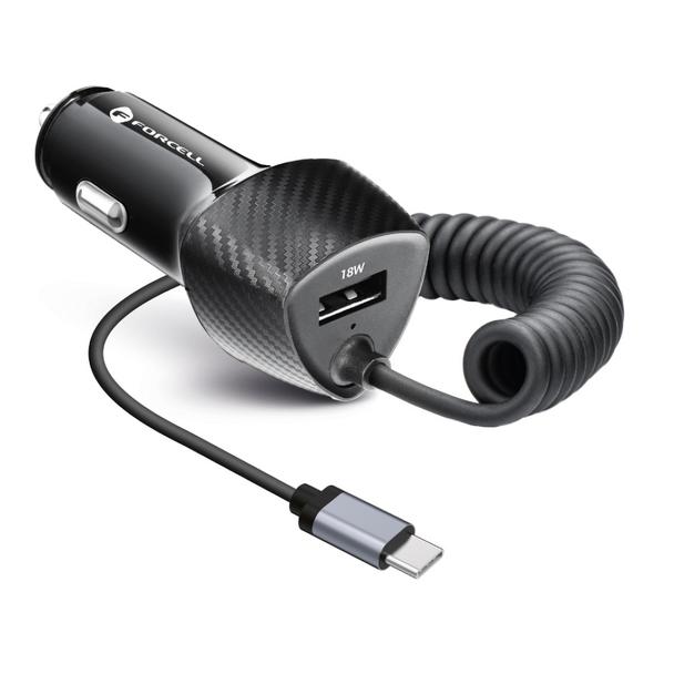 Ładowarka samochodowa Forcell F-Energy Carbon USB A QC3.0 PD 3A 38W z kablem USB C CC50-1AC czarna