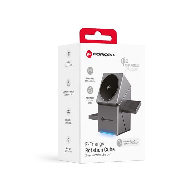 Ładowarka indukcyjna Forcell F-Energy 3w1 Rotation Cube Qi2 zgodna z MagSafe (F-06) srebrna 0INT
