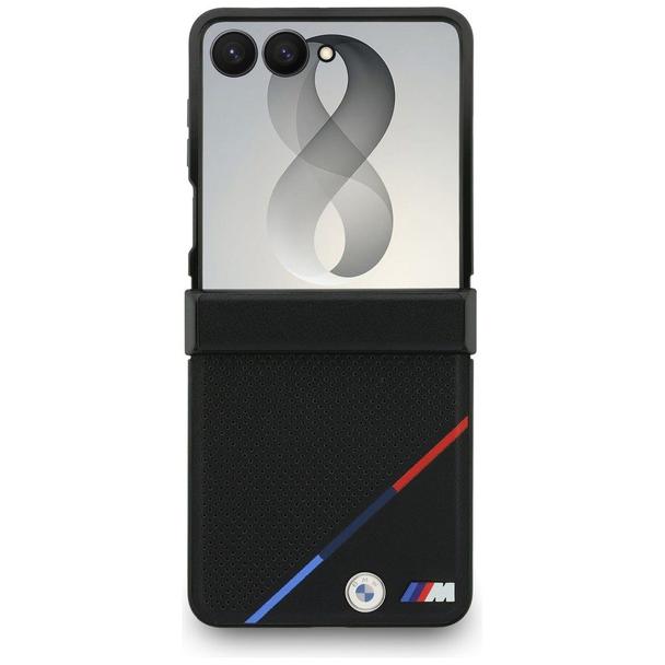 BMW futerał do SAMSUNG GALAXY Z FLIP 8 kompatybilny z MagSafe (Leather Perforated Tricolor Stripe Metal Logos) czarny