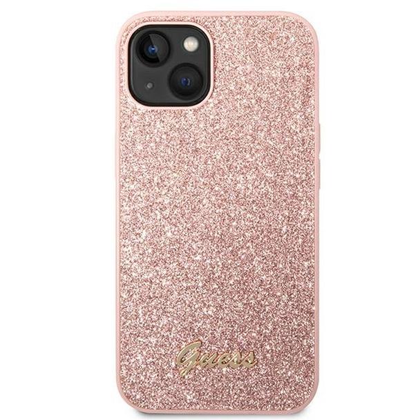 GUESS futerał do IPHONE 14 Plus GUHCP14MHGGSHP (Glitter Flakes Script Metal Logo) różowy