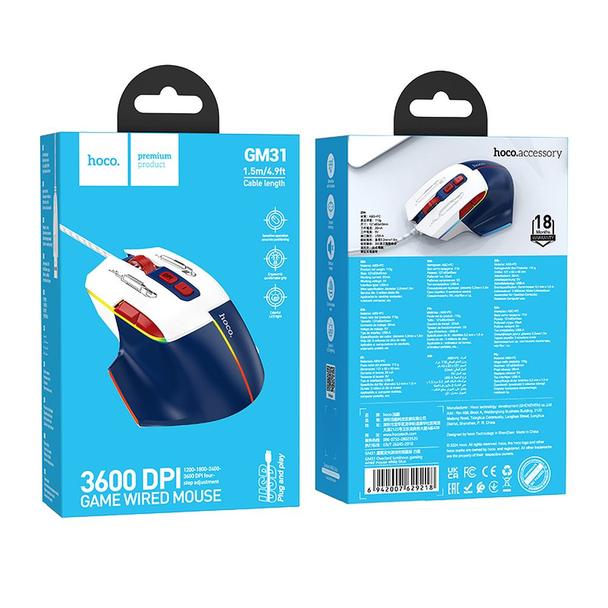 Myszka przewodowa gamingowa Hoco USB A 3600 dpi GM31 biało niebieska