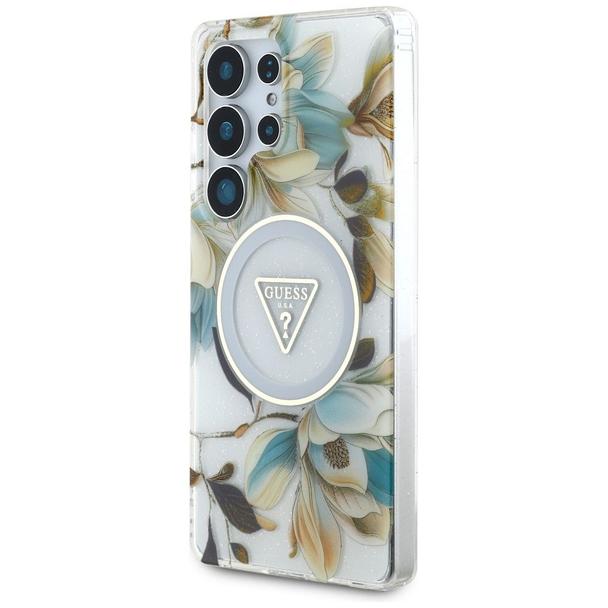 GUESS futerał do SAMSUNG S25 Ultra GUHMS25LHFLPEDH (Magnetic IML Metal Glitter Flowers Triangle) biały