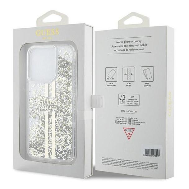 GUESS futerał do IPHONE 15 Pro GUHCP15LLFCSEGT (Liquid Glitter Gold Stripes) transparentny