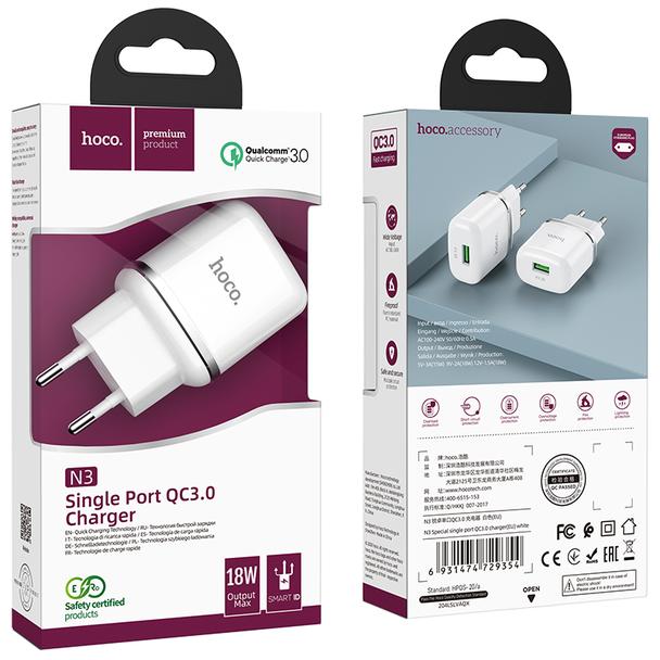 Ładowarka sieciowa do telefonu Hoco USB A QC3.0 3A 18W N3 biała
