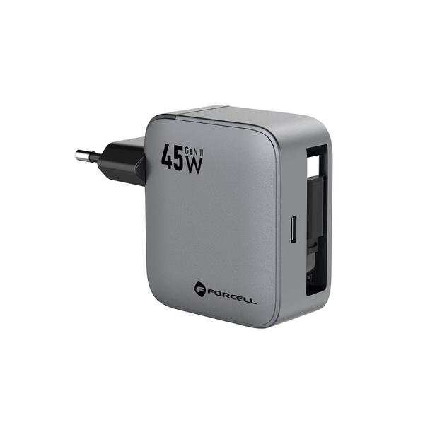 Ładowarka sieciowa do telefonu Forcell F-Energy GaN USB C + zwijany kabel USB C PD QC4.0 3A 45W VT-R5 szara