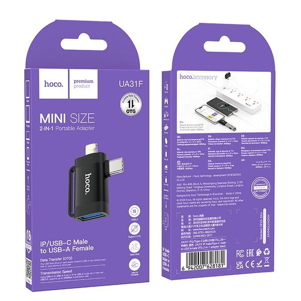 Adapter OTG 2w1 USB C / Lightning do USB A Hoco UA31F czarny