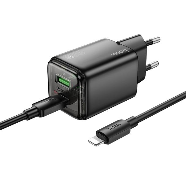 Ładowarka sieciowa do telefonu Hoco USB A + USB C QC3.0 PD 3A 20W + kabel USB C do Lightning N52 czarna