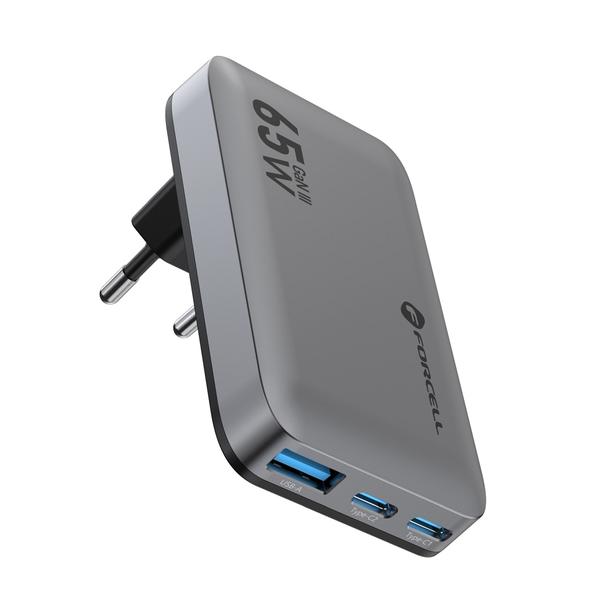 Ładowarka sieciowa do telefonu Forcell F-Energy Ultra Slim GaN III 2 x USB C + USB A QC4.0 PD 4A 65W VT-47 szara 0INT