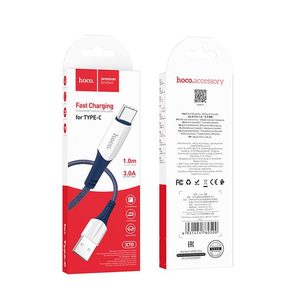 Kabel USB A do USB C Hoco 3A 1 m X70 niebieski