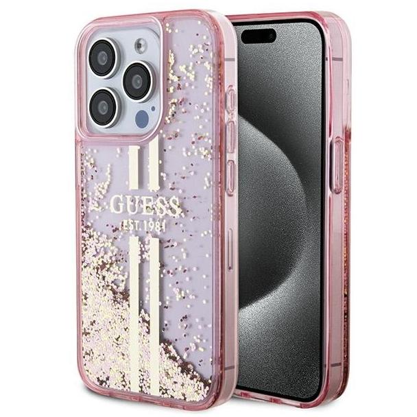 GUESS futerał do IPHONE 15 Pro GUHCP15LLFCSEGP (Liquid Glitter Gold Stripes) różowy