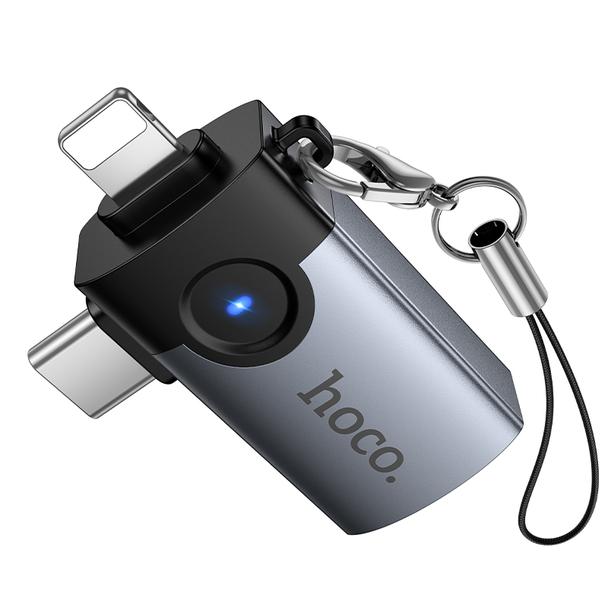 Adapter OTG 2w1 Lightning / USB C do USB A Hoco UA46E Victory szary