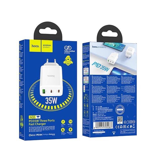 Ładowarka sieciowa do telefonu Hoco 2 x USB C + USB A QC3.0 PD 3A 35W N33 biała