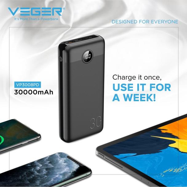 Powerbank Veger L30 (W3008PD) PD QC3.0 3A 20W 30000 mAh czarny 0INT