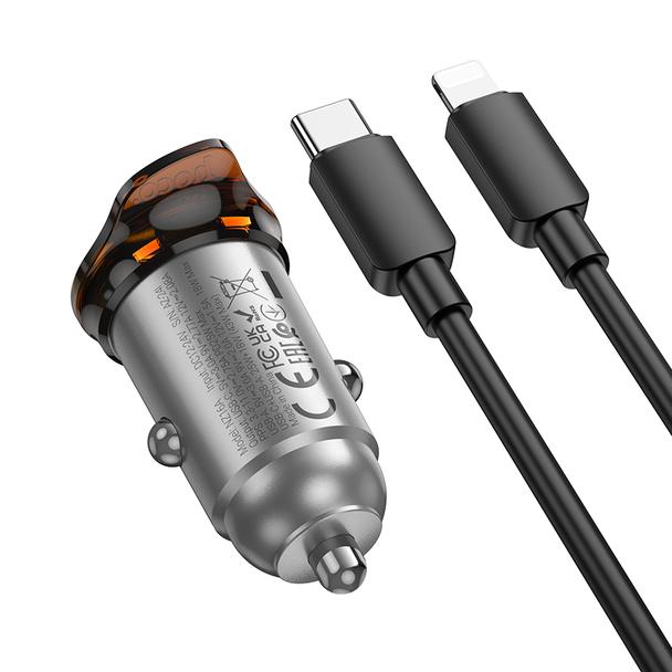 Ładowarka samochodowa Hoco USB A + USB C QC3.0 PD 3A 43W + kabel USB C do Lightning NZ16A szara