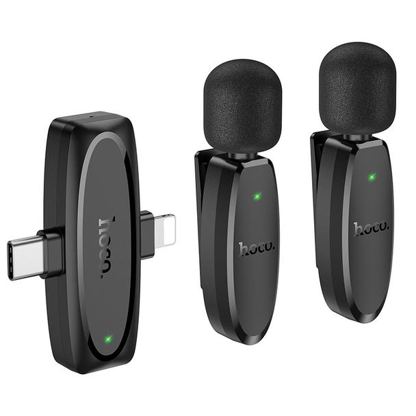 Mikrofon krawatowy bezprzewodowy Lightning / USB C Hoco 2 szt L15 czarny