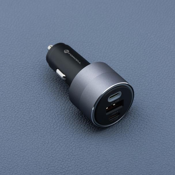 Ładowarka samochodowa Forcell F-Energy Alu 2 x USB C + USB A QC4.0 PD SFC2.0 4,5A 65W szara