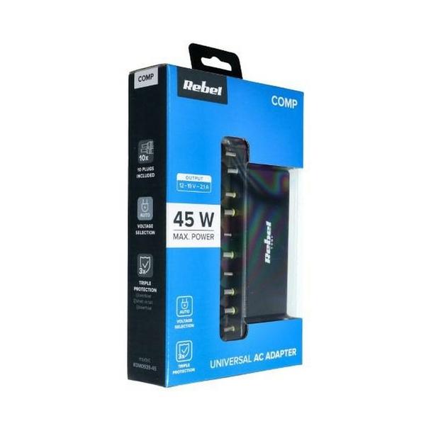 REBEL uniwersalny zasilacz sieciowy 45W 12-19.5V automatyczny 10 końcówek czarny