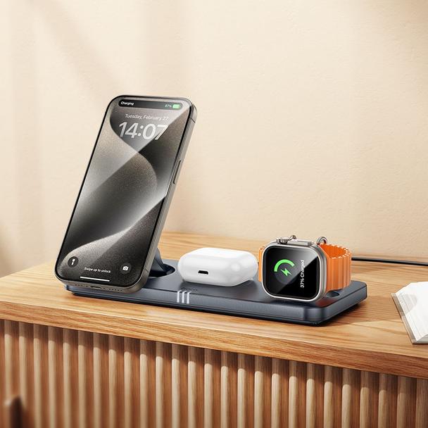 Ładowarka indukcyjna Hoco 3w1 składana kompatybilna z MagSafe i APPLE Watch 3A 15W CQ22 szara