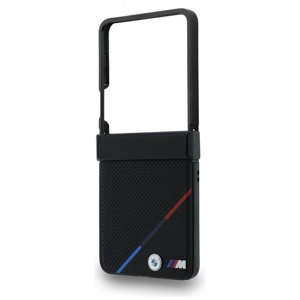 BMW futerał do SAMSUNG GALAXY Z FLIP 8 kompatybilny z MagSafe (Leather Perforated Tricolor Stripe Metal Logos) czarny