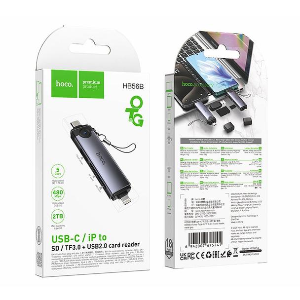 Czytnik kart SD/TF 3.0 + USB 2.0 USB-C/Lightning Hoco HB56B szary