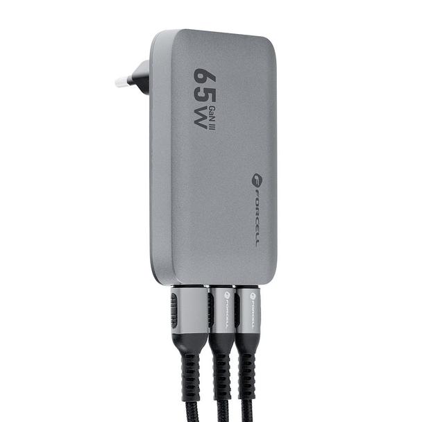Ładowarka sieciowa do telefonu Forcell F-Energy Ultra Slim GaN III 2 x USB C + USB A QC4.0 PD 4A 65W VT-47 szara 0INT