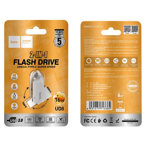 Pendrive 16GB USB 3.0 (USB A + USB C) Hoco UD8 nikiel