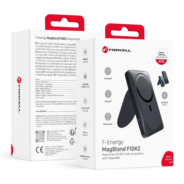 Powerbank zgodny z MagSafe Forcell F-Energy MagStand F10K2 QC3.0 PD 5A 20W 10000 mAh czarny