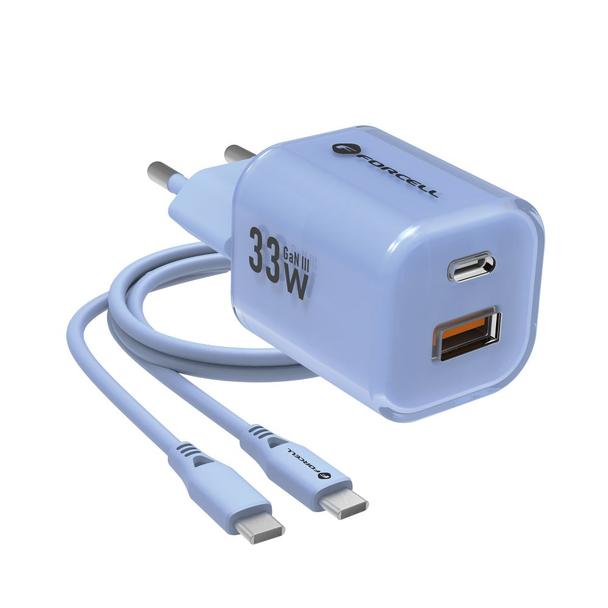 Ładowarka sieciowa do telefonu Forcell F-Energy GaN III Crystal Color USB C + USB A QC4.0 PD 33W + kabel USB C do USB C VT-41 niebieska 0INT