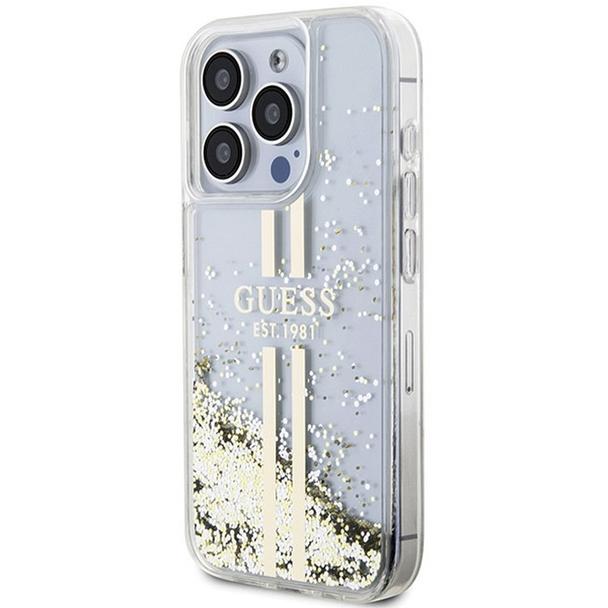 GUESS futerał do IPHONE 15 Pro Max GUHCP15XLFCSEGT (Liquid Glitter Gold Stripes) transparentny