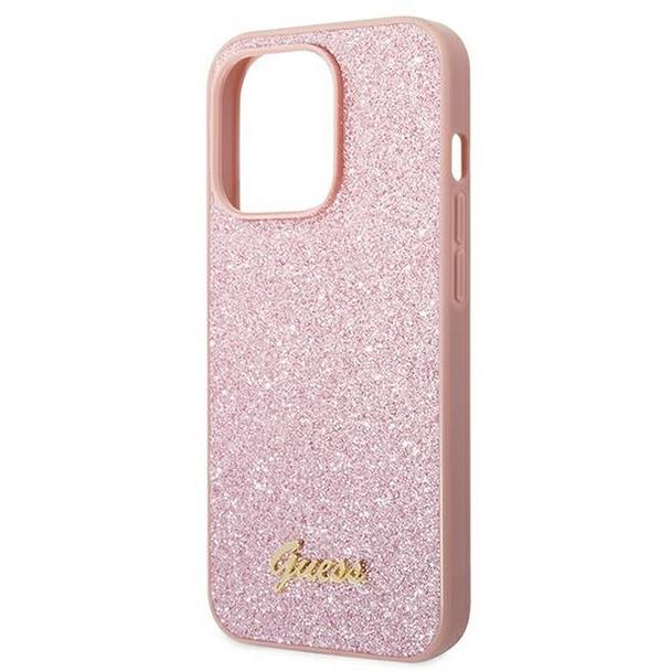 GUESS futerał do IPHONE 14 Pro GUHCP14LHGGSHP (Glitter Flakes Script Metal Logo) różowy