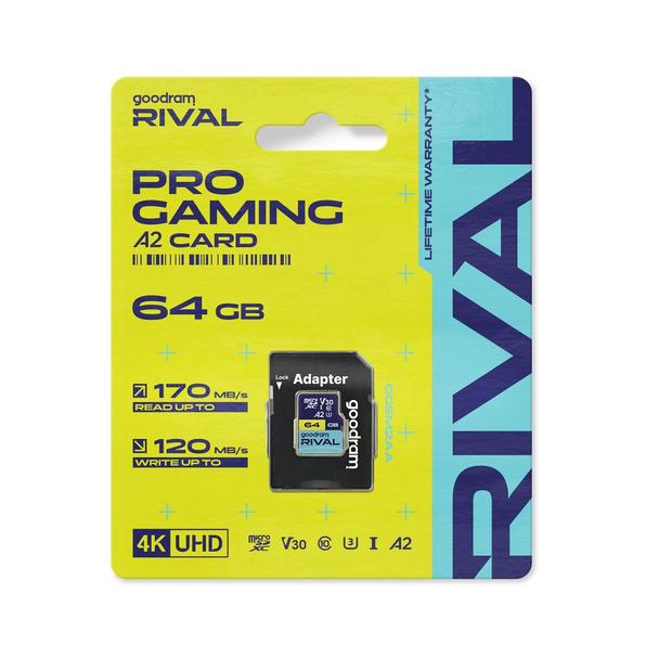 GOODRAM RIVAL Karta pamięci microSD 64GB 100MB/s class 10 UHS-I U3 V30 A2 z adapterem SD