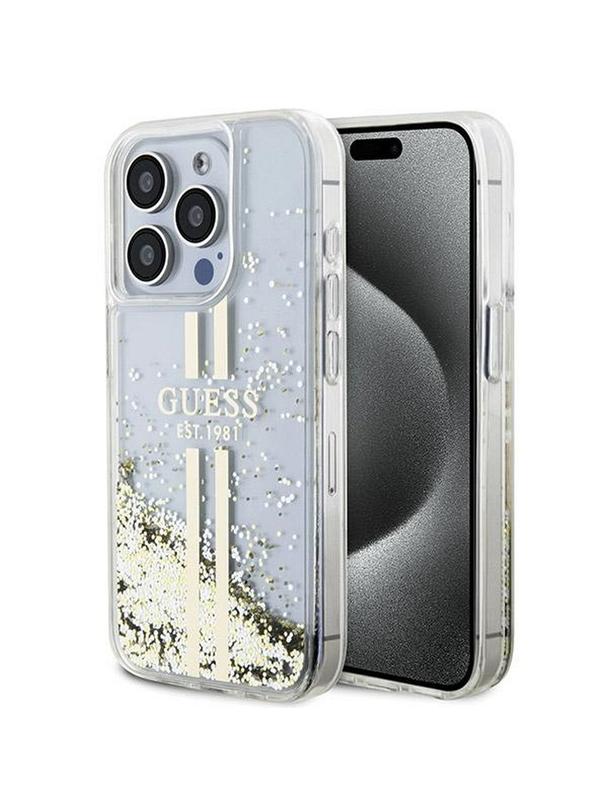 GUESS futerał do IPHONE 15 Pro Max GUHCP15XLFCSEGT (Liquid Glitter Gold Stripes) transparentny