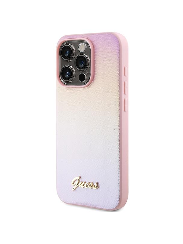 GUESS futerał do IPHONE 15 Pro GUHCP15LPSAIRSP (Saffiano Iridescent Script) różowy