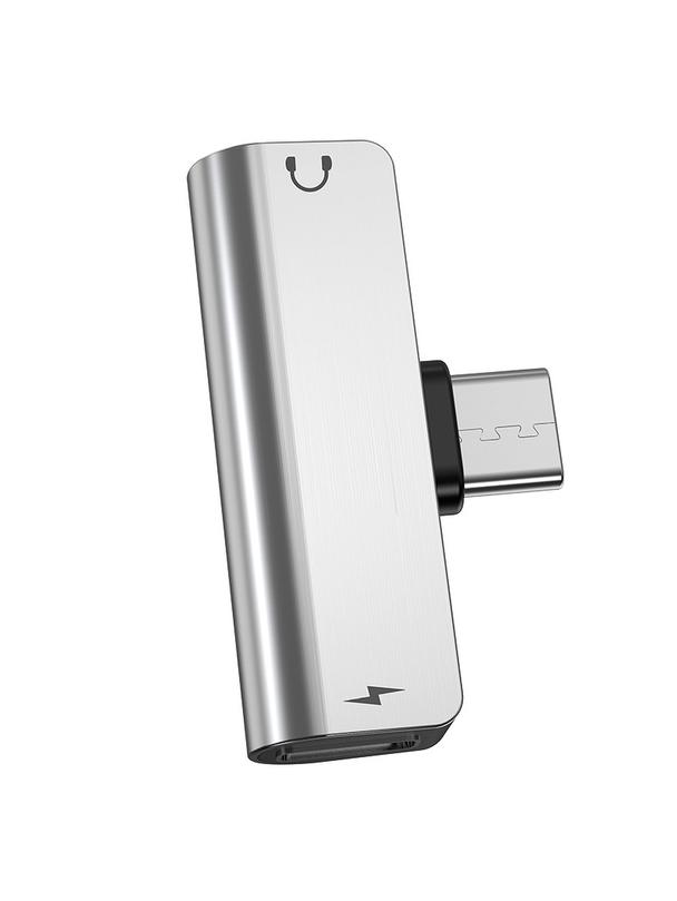 Adapter AUX 2w1 USB C do Jack 3,5 mm / USB C Hoco LS26 srebrny