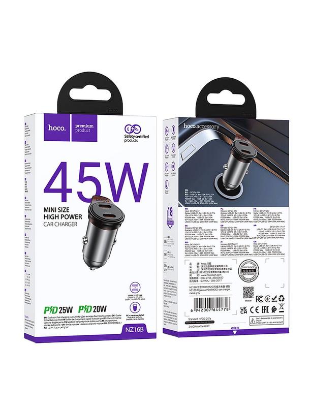 Ładowarka samochodowa Hoco 2 x USB C QC PD 45W NZ16B szara