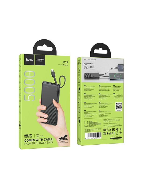 Powerbank Hoco 5000 mAh 2A z wbudowanym kablem USB C J129  czarny