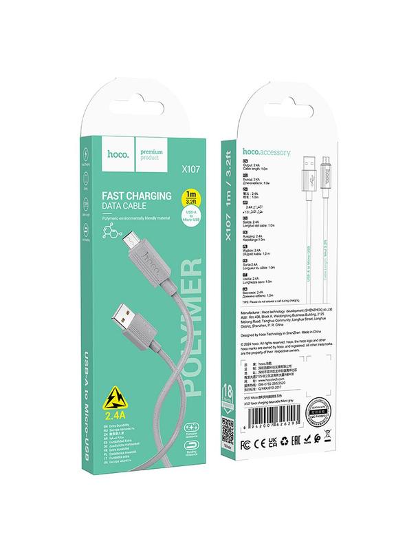 Kabel USB A do Micro USB Hoco 2,4A 1 m X107 szary