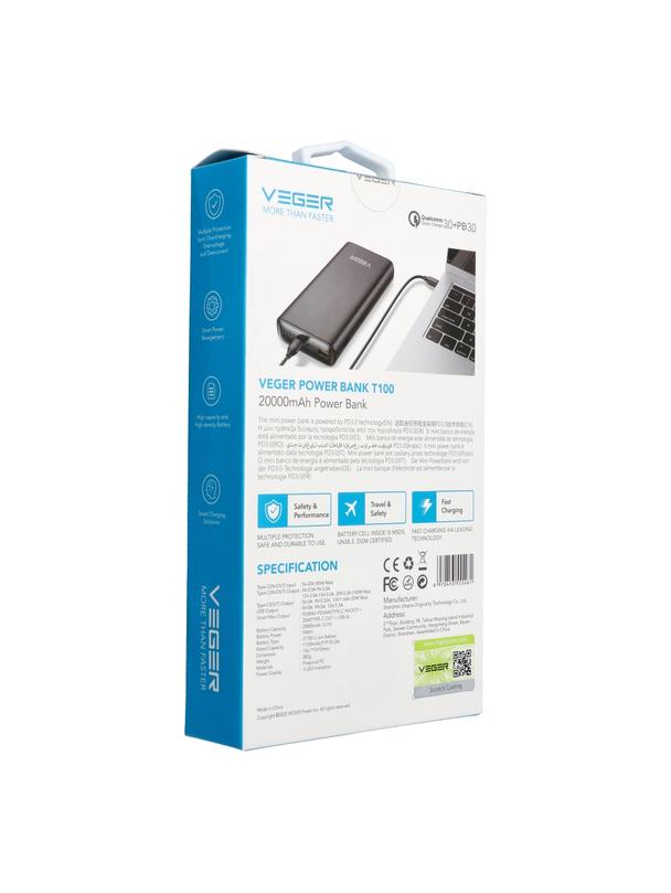 Powerbank Veger T100 (W2032C-100) PD QC3.0 5A 100W 20000 mAh czarny